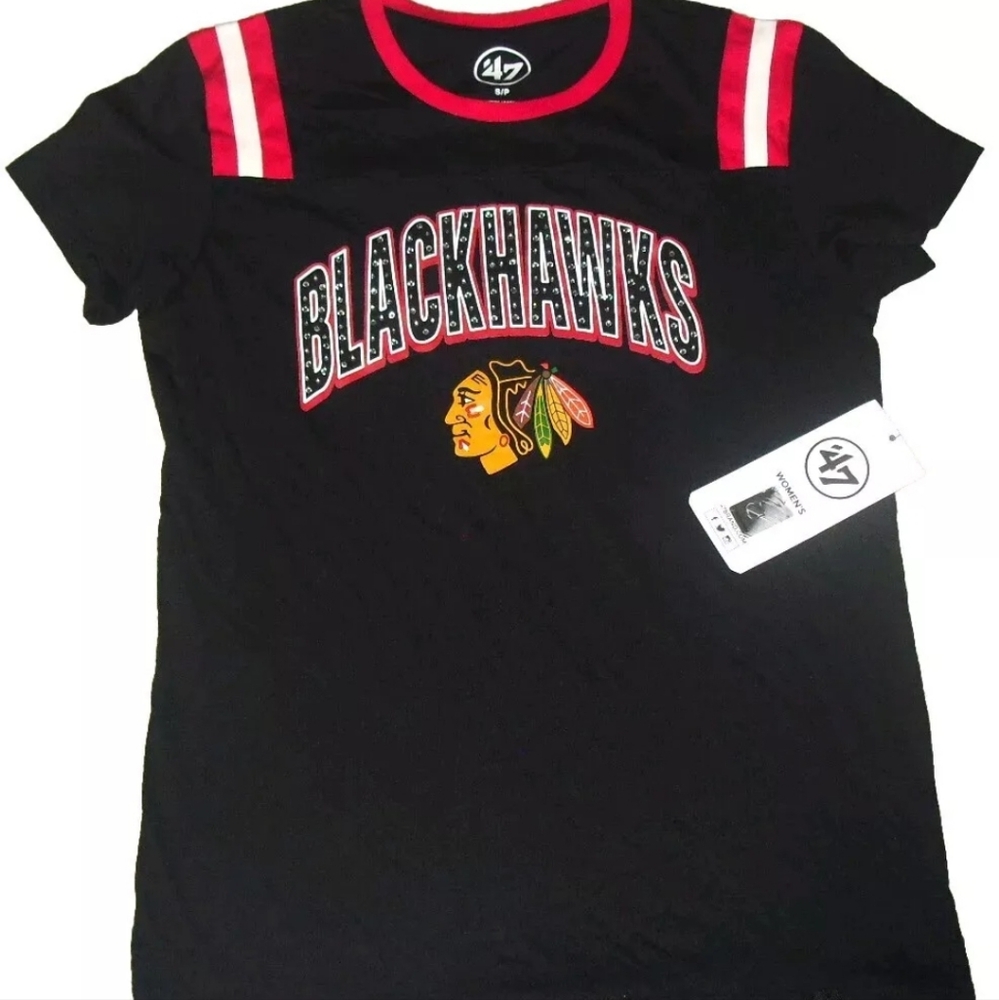 Chicago Blackhawks Womens 47 Brand Short Sleeve bedazzled T-shirt sz Small New